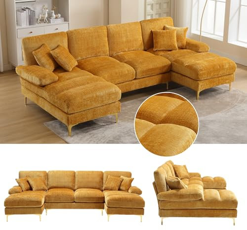 272CM Lange Sofa U-Form, Groß Couch mit Liegensitzen, Modulares Sofa 4 Sitzer Ecksofa mit Schlaffunktion für Wohnzimmer, Chenille-Stoff Gleb