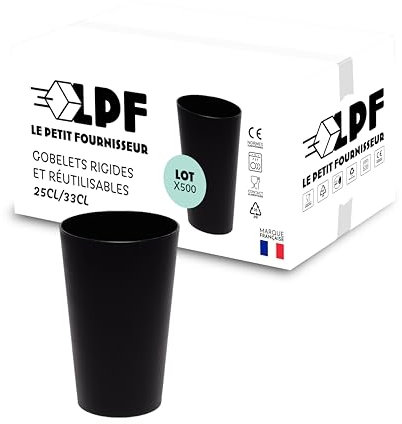 LPF LE PETIT FOURNISSEUR - Lot de 500 Gobelets réutilisables 25cl (33cl à ras-bord) - Polypropylène (PP) alimentaire rigide - Gobelets plastique durables - Compatible lave-vaisselle - Couleur Noire