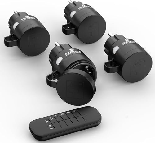 Perfect Funksteckdosen mit Fernbedienung Aussen, 4 x Steckdose mit Funkfernbedienung, 2300 Watt, 230V Outdoor Set, 30m Reichweite, IP44, Stromsparen, Schwarz