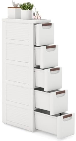 GOPLUS Gabinete de Almacenamiento con Ruedas Estrecho, Contenedor de Plástico Delgado de 3/4/5/6 Cajones con Asas, Ruedas Incorporadas, Multifuncional para Cocina Baño Oficina (5 Cajones)