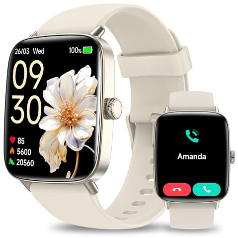 Smartwatch Uomo Donna, 1.85 Orologio Smartwatch con Chiamate e Notifiche WhatsApp, Fitness Tracker con Contapassi Sonno SpO2 Cardiofrequenzimetro, 110 Sportive, IP68 Watch per Android iOS Beige