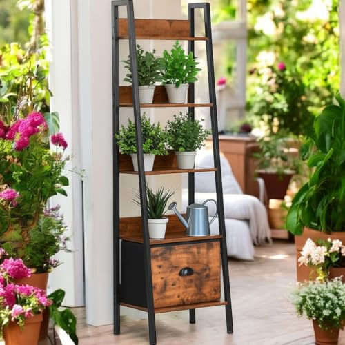 FurnitureR Etagères pour Jardin et Patio, Supports de Pots à 5 Niveaux, Porte Plante Escalier, Rangement avec Tiroirs en Non-Tissé, pour Intérieur, Salon, Balcon, Patio, Cour, 42 x 29 x 141 cm