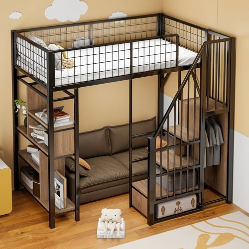 Luxeza Multifunktionales Hochbett, Metallbett mit Stauraum, Ablageflächen und Treppe, Erwachsenenbett und Kinderbett (Schwarz, 90 x 200 cm)