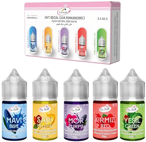 Farbello Flüssige Natürliche Lebensmittelfarbe – 5 x 35 g Set – Natürliche Farben zum Backen, Dekorieren, für Kuchen, Desserts & Getränke – Allergenfrei & Glutenfrei, Halal