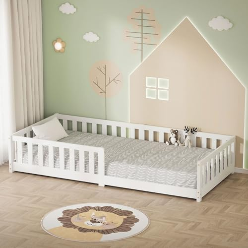 ML-Design Kinderbett 90x200 cm, Weiß, Bodenbett für Kinder mit Lattenrost und Rausfallschutz, Jugendbett aus massivem Kiefernholz, Bettgestell für Jungen und Mädchen, Holzbett Babybett Einzelbett