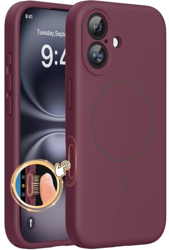 Miracase for iPhone 16 Case with MagSafe, Liquid Silicone Case Wine Red | [Soft Anti-Scratch Microfiber Lining], Magnetic Shockproof Drop Protection Phone Case for 16, Wine Red