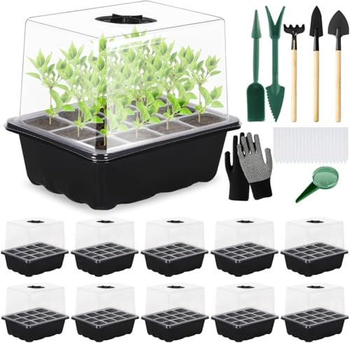 TOSUTO Vassoi per semi,10 Pack 120 Celle Propagator Growing Addensano i Vassoi,Propagator con Coperchi Rialzati,Vassoi Semina,Kit di vassoi di coltivazione di semi di piante riutilizzabili