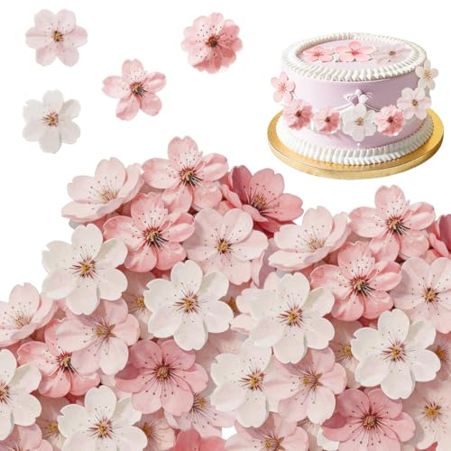 CATZUM 50 Decorazioni per torte a forma di fiore di ciliegio, decorazioni per torte nuziali, fiori di carta di riso, decorazioni per torte