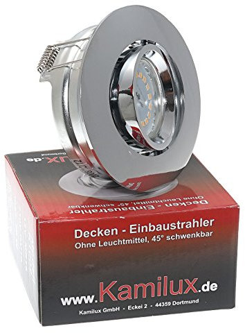 Großer Einbaustrahler Toni in Chrom, ist ca. 40° schwenkbar und 360° drehbar und aus rostfreiem Alu-Guss, GU10 Fassung Power SMD LED Leuchtmittel 5Watt GU10 230V warmweiß, 3-Stufen Dimmung