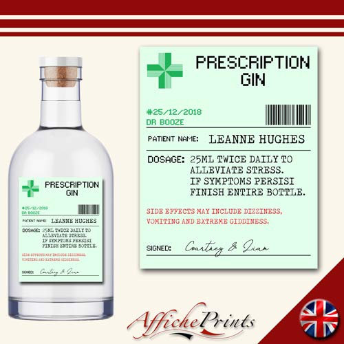 Affiche Prints L131 Personalised Prescription Medicine Pharmacy Novelty Alcohol Gin Spirit Bottle Label For Any Occasion!
