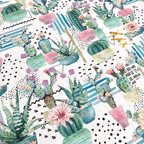 Kt KILOtela - Tela por Metros de loneta Estampada Digital - Ancho 280 cm - Largo a elección de 50 en 50 cm | Cactus y Flores - Verde, Rosa