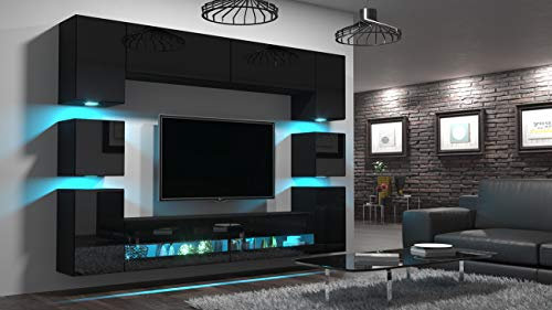 FURNITECH Wohnwand Wohnzimmer | Hängend Wohnwand Modern | Wohnzimmer Schrankwand mit Regale und TV Schrank | Wohnzimmer Möbel ohne LED (Heidi AN36-18HG-B1 1A | ohne Füße)