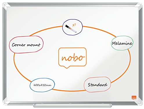 Nobo Melamin Whiteboard, Nichtmagnetische Oberfläche, 45 x 60 cm, Aluminiumrahmen, Traditionelle Eckmontage, Inkl. Whiteboard-Marker, Premium Plus, Weiß, 1915166