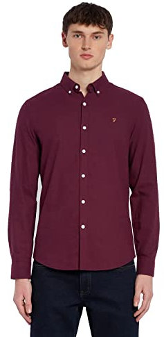 Farah - Men's Oxford Shirt, Brewer Slim Fit Organic Cotton, Long Sleeve, Casual or Work Shirt, Bordeaux, XXL