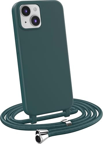 MyGadget Strap Case for Apple iPhone 13 - Crossbody Phone Cover - TPU Silicone Case with Neck Holder - Cord Lanyard Carrier with Rope in Dark Green