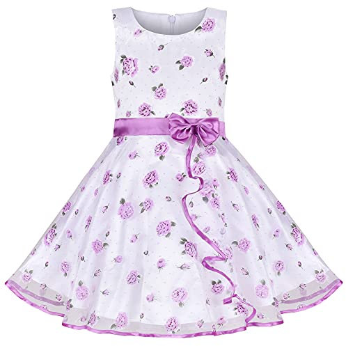 Vestito Bambina Viola Nastro Increspatura Floreale Rosa Germoglio Senza Maniche 7-8 Anni