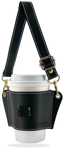 MORIK Getränkehalter mit StrohhalmHalter und verstellbarem Gurt wiederverwendbarer LederKaffeetassenhalter mit Griff Schultergurt tragbarer Becherhalter für Tumbler Kaffee Boba Bubble Tea (schwarz)