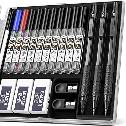 Nicpro 3 Pièces Noir Automatique Métal Porte-Mines 2 mm avec étui, Crayon Mécanique Criterium 2.0 mm avec Taille crayon et Recharge (HB 2B 4H 2H 4B), Porte Mine pour Dessin, écrire Sketch