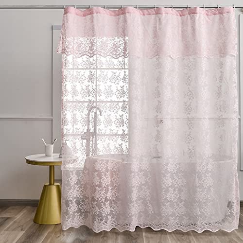 YJ YANJUN Tenda da doccia vintage in pizzo rosa con mantovana attaccata, tenda in pizzo floreale per bagno, stile rustico shabby chic, bordo smerlato, 183 x 183 cm, 1 pannello