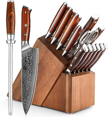 XINZUO Acciaio Damasco Set Coltelli da 15 Pezzi con Portacoltelli -Affilata Forgiata Set di Coltello da Cuoco -Coltello da Chef Santoku Affettare Disossare Multiuso Frutta e 6 Coltelli da Bistecca