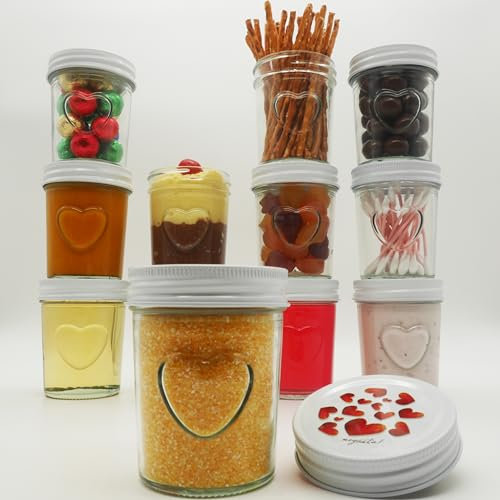 megusta!® 12 pots de conserve avec cœur embossé | 200 ml | couvercle motif coeur | pots à confiture, dessert, pots bébé | pour Noël, mariage, anniversaire | cuisson + congélation