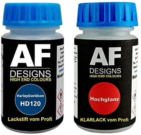 Alex Flittner Designs Kit de stylos de retouche compatible avec Harley Davidson HD120 Blue Metallic + Vernis transparent 50ml chacun Set de peinture moto couche de base