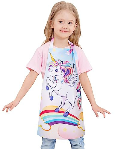 Wernnsai Kids Aprons for Girls - Rainbow Unicorn Toddler Apron with Pocket, Adjustable Strap - Art Smock for Kids Paint Apron (Small, 6-10 Years)