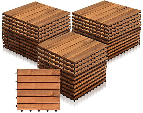 Yakimz Holzfliesen 33er| aus Akazien Holz| 30 × 30cm| 1 m² pro bodenfliesen|Outdoor & Indoor Bodenbelag Balkon mit Drainagensystem & Klicksystem, Braun