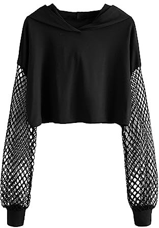 GORGLITTER Women's Fishnet Mesh Hoodie Y2K Crop Tops Long Sleeve Hooded Sweatshirt Pullover Top Black L