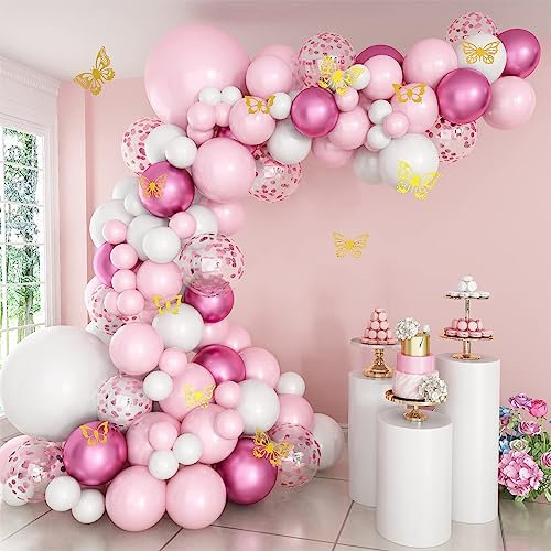 Kit Arco Palloncini Rosa e Bianchi, 106 Pezzi Palloncini Compleanno con Palloncini Rosa, Bianchi e Coriandoli, Arco per Palloncini con Farfalle per Compleanno, Baby Shower, Battesimo Bimbo, Matrimonio