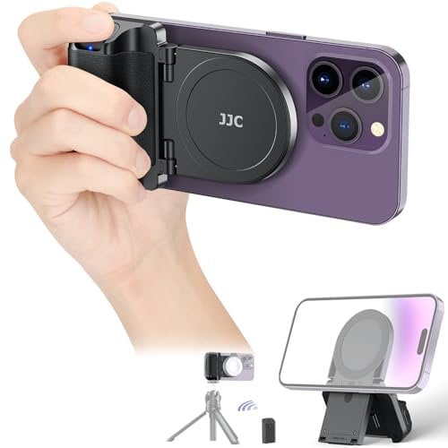 JJC Magsafe - Handgirp magnético para teléfono con control remoto Bluetooth, mango de agarre para cámara de teléfono para iPhone Android, soporte de teléfono de escritorio y adaptador de trípode para