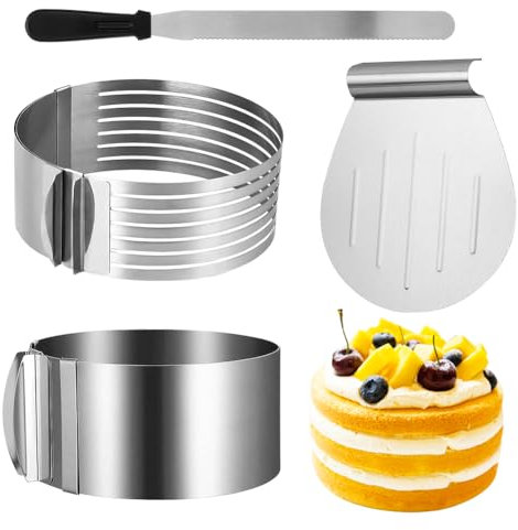 Tutamaz Lot de 4 accessoires de gâteau avec fond à tarte, aide à la découpe + couteau à tarte long, pelle à tarte + anneau à tarte réglable en acier inoxydable