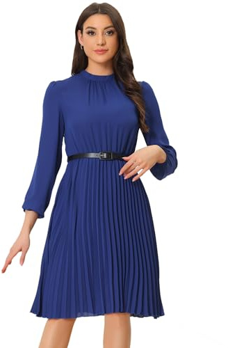Allegra K Women's Pleated Midi Dresses Business Belted Long Sleeve Work Dress, Royal Blue, M