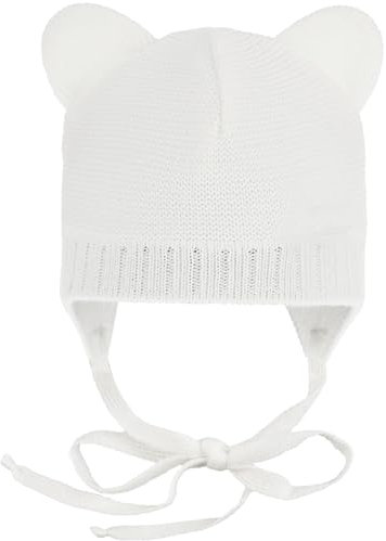CiuchCiuch Baby-Mütze mit Ohren zum Binden - Wintermütze Mädchen Jungen Baby Kinde- Für Weihnachten - Zur Taufe - 100% Acryl - Futter aus Baumwolle und Elasthan - Weiß 40-42 cm
