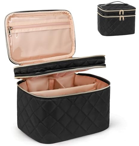 Twofold Large Makeup Bag Cosmetic Bags for Women 2 Layers Make Up Travel Bag Black Makeup Bag Organiser with Compartments Storage Case with Dividers