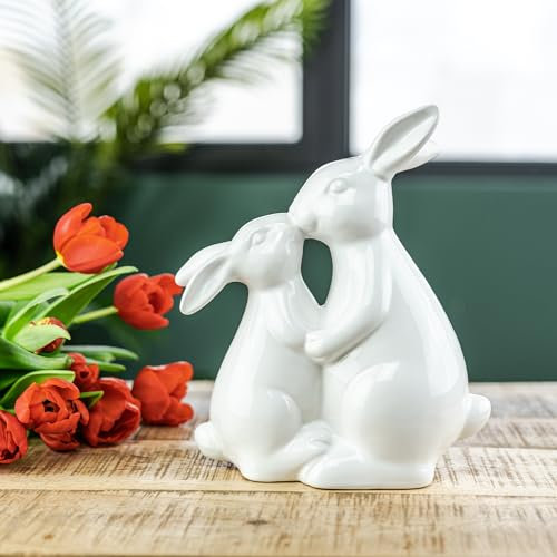 Keramik Osterdeko Hasen Liebespaar 19 x 23cm weiß Dekofigur Oster-Dekoration Tisch-Deko Osterhase