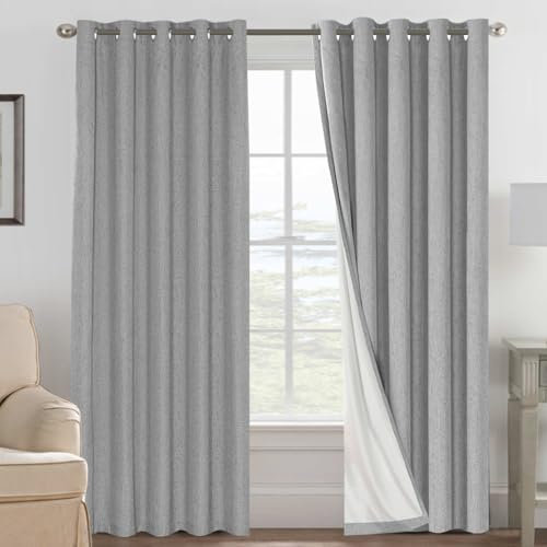 BellaHills 100% Blackout Curtains for Bedroom Eyelet Thermal Insulated Linen Textured Curtains Heat and Full Light Blocking Drapes Living Room Curtains 2 Panels Set, 66 x 90 Inch, Dove Grey