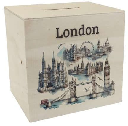 Skyline London Spardose aus Holz Wahrzeichen der Stadt Big Ben Tower Bridge London Eye Buckingham Palace - Perfekt für Sammler