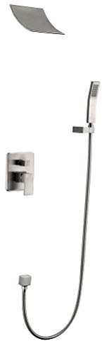 Wandmontiertes Duschsystem, Duscharmatur-System-Set, Badezimmer-Messinghahn, Unterputz-Regendusche, Mischbatterie, Badewannenarmatur, Wasserfall-Duschkopf mit Brauseschlauch-Set, gebürstet Stabilize