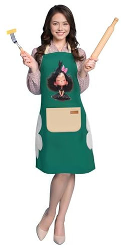 Olnamaro Delantal Cocina Mujer,Dibujos Animados Delantal de Cocina Personalizado,Tejido Grueso, más Largo y Ancho, con Hebilla Metálica Ajustable, Lateral con Toalla de Mano,Señora alta (Verde)