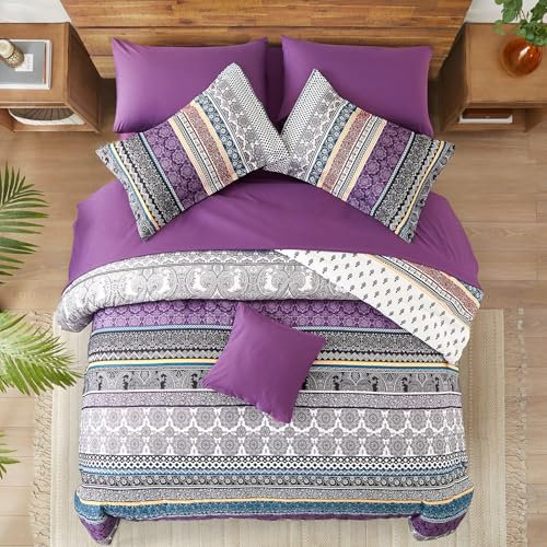 WONGS BEDDING Bohemian King Size Duvet Cover Set Purple Grey Colorful Boho Striped Bedding Set with 2 Pillowcases Soft Microfiber Moroccan Quilt Cover 220x230cm