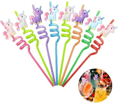 8 Pièces Pailles Licorne - Pailles en Plastique Bouclée, Pailles Réutilisables, Dures, Colorées, Idéales pour Décoration d'Anniversaire d'Enfants, Accessoires, Réunions Familiales, Cadeaux