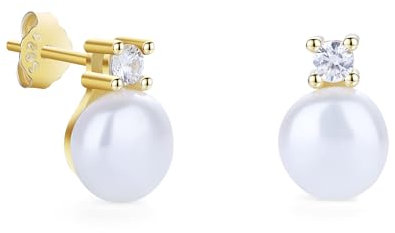 GAVU Boucles d'Oreilles Argent 925 Plaqué Or, Clous d'Oreilles Perle d'Eau Douce pour Femme, Clous d'Oreilles Zircone Cubique