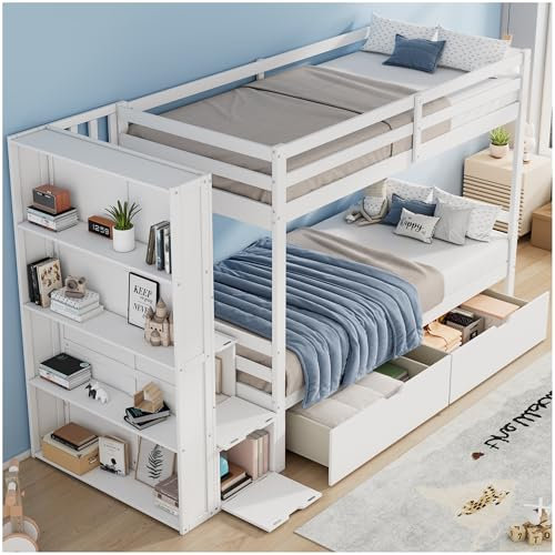 Racxily Litera con Armario de Almacenamiento y Dos cajones, Cama Infantil 90 x 200cm con Escalera de Almacenamiento, Cama Multifuncional para niños,literas Juveniles, Blanco