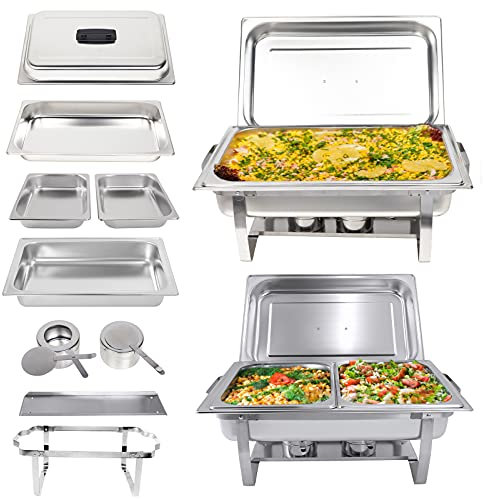 Valgus 2-Pack 9L Edelstahl Chafing Dish Set Buffet Chafer Suppenwärmer mit faltbarem Rahmen Wasserschalen, 2 volle Größe, 4 halbe Lebensmittel Pfannen für Hochzeit, Partys, Bankett