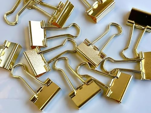 15mm Gold Metal Binder Foldback Clips Bulldog/Paper Clips/Binder Clips File Paper Money Receipts File Clamps, Planner Organiser Office, Store, Kitchen Multifunction Pcs (60 Clips)