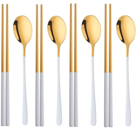 Juego de palillos y cucharas coreanos reutilizables, juego de cuchara y palillos de acero inoxidable de mango largo, 4 juegos de palillos de metal aptos para lavavajillas, oro blanco.
