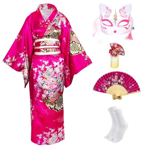 CRFASIBE Kimono Traditionnel Japonais Femme Robe Jeune Dame Yukata Imprimé Floral Robe Peignoir Japonaise Costume Cosplay Set(Rouge Rosé)