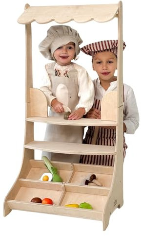 Hölzerner Gemüsestand für Kinder, Ladenspiel, Kaufmansladen Holz mit Vordach und Lagerregalen, Verkaufsstand Spielzeug Set, 100x50x30cm