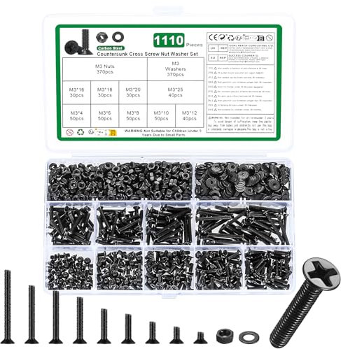 1110 Pz Set di Vis M3, Viti Bulloni e Dadi Set, Bulloni Viti a Testa Svasata e Dadi e Rondelle Kit, Bulloni Viti a Testa Piatta a Croce con Dadi, Viti Bulloni a Testa Svasata a Croce(Nero, M3)